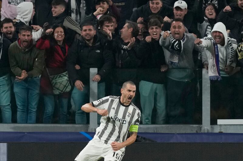 Juventus' Leonardo Bonucci celebrates after levelling at 1-1.  AP