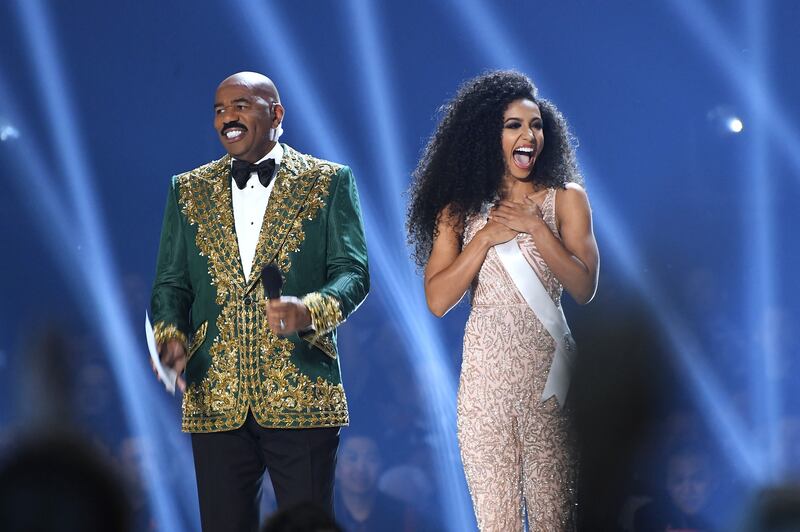 Steve Harvey interviewed Miss USA Cheslie Kryst onstage at the 2019 Miss Universe Pageant. Getty Images