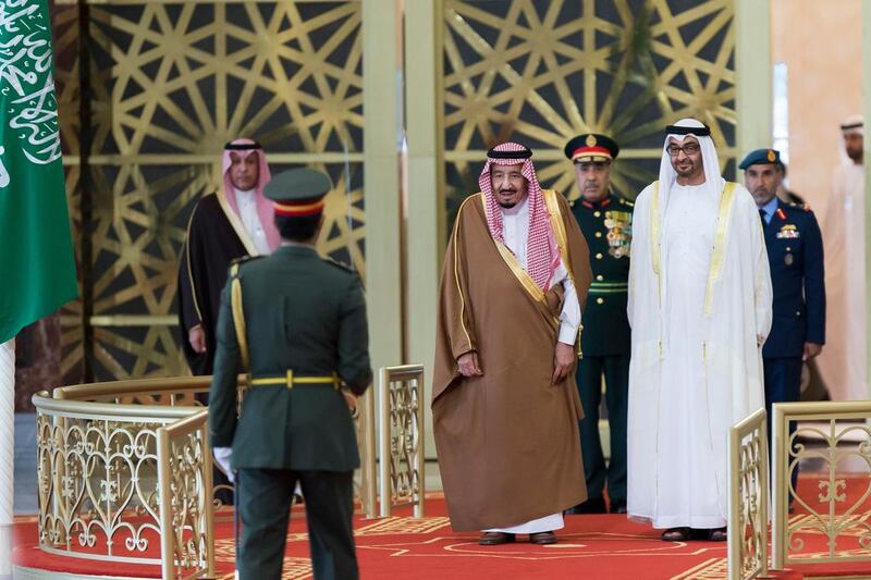 Sheikh Mohammed bin Zayed, Crown Prince of Abu Dhabi and Deputy Supreme Commander of the UAE Armed Forces with King Salman Bin Abdulaziz Al Saud, Custodian of the Two Holy Mosques, during a reception at the Presidential Airport. Philip Cheung / Crown Prince Court - Abu Dhabi