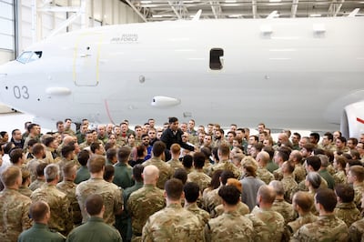 British Prime Minister Rishi Sunak speaks to soldiers at RAF Lossiemouth in Moray. Getty Images 