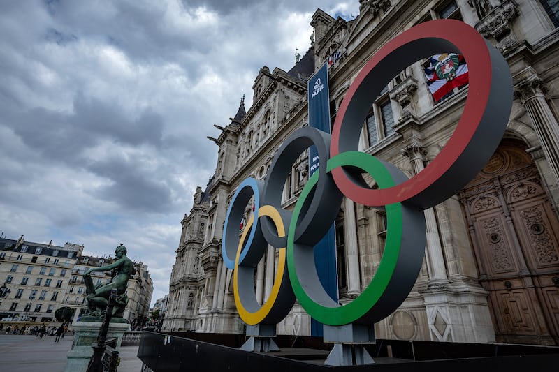 The Olympic rings in front of the Paris City Hall ahead of the 2024 Games. AP