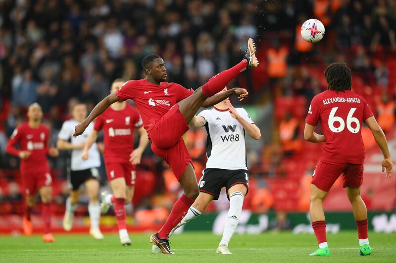 Ibrahima Konate of Liverpool controls the ball under pressure from Tom Cairney of Fulham. Getty 