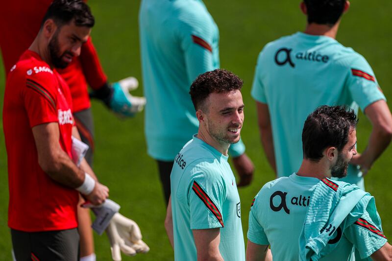 Portugal attacker Diogo Jota, centre, during the training session at Cidade do Futebol in Oeiras. EPA