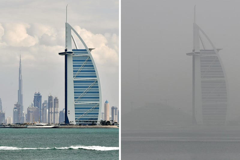 A view of Burj Khalifa and Burj Al Arab before and during a dust storm. Pawan Singh / The National / AFP