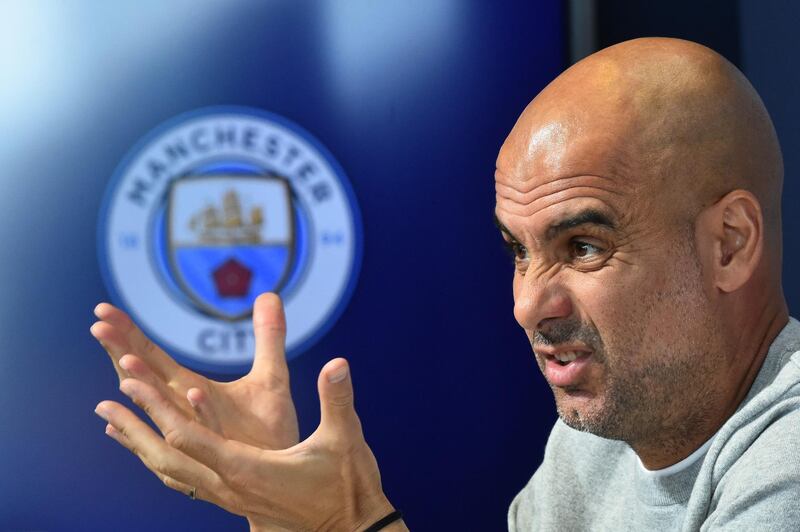 MANCHESTER, ENGLAND - OCTOBER 21: Pep Guardiola, Manager of Manchester City speaks with the media during a Press Conference at  The Academy Stadium on October 21, 2019 in Manchester, England. (Photo by Nathan Stirk/Getty Images)