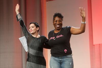 Founder of the #MeToo campaign Tarana Burke (R) introduces Actor Rose McGowan to speak during the opening session of the three-day Women's Convention at Cobo Center in Detroit, Michigan, U.S., October 27, 2017. REUTERS/Rebecca Cook