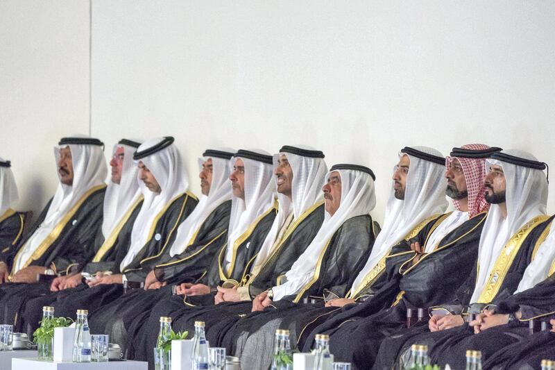 ABU DHABI, UNITED ARAB EMIRATES - February 26, 2018: (R-L) HH Sheikh Hamdan bin Mohamed Al Maktoum, Crown Prince of Dubai, HH Sheikh Ammar bin Humaid Al Nuaimi, Crown Prince of Ajman, HH Sheikh Mohamed bin Saud bin Saqr Al Qasimi, Crown Prince and Deputy Ruler of Ras Al Khaimah, HH Sheikh Hamdan bin Rashid Al Maktoum, Deputy Ruler of Dubai and UAE Minister of Finance, HH Sheikh Saeed bin Zayed Al Nahyan, Abu Dhabi Ruler's Representative, HH Lt General Sheikh Saif bin Zayed Al Nahyan, UAE Deputy Prime Minister and Minister of Interior, HH Sheikh Hamed bin Zayed Al Nahyan, Chairman of the Crown Prince Court of Abu Dhabi and Abu Dhabi Executive Council Member, HH Sheikh Omar bin Zayed Al Nahyan, Deputy Chairman of the Board of Trustees of Zayed bin Sultan Al Nahyan Charitable and Humanitarian Foundation, HH Sheikh Mohamed bin Khalifa Al Nahyan, Abu Dhabi Executive Council Member, and HH Sheikh Saeed bin Mohamed Al Nahyan, attend the opening ceremony of The Founder's Memorial.
( Mohamed Al Hammadi / Crown Prince Court - Abu Dhabi )
---