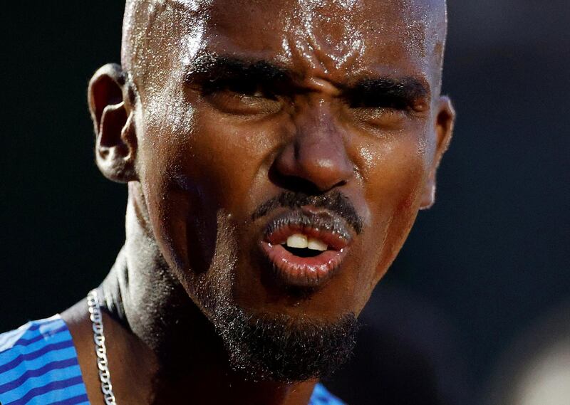 Mo Farah's reaction at the end of his first track race since 2017, in Birmingham. He was eighth. Reuters