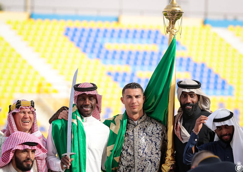 Al Nassr's Cristiano Ronaldo celebrates Saudi Arabia's Founding Day wearing local traditional clothes at Al Nassr Football Club in Riyadh, Saudi Arabia. Reuters
