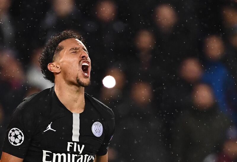 Paris Saint-Germain's Brazilian defender Marquinhos reacts at the end of the UEFA Champions League round of 16 second-leg football match between Paris Saint-Germain (PSG) and Manchester United at the Parc des Princes stadium in Paris on March 6, 2019. / AFP / FRANCK FIFE
