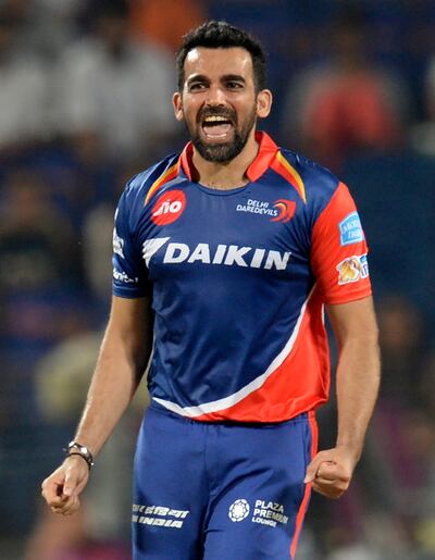 Delhi Daredevils captain Zaheer Khan celebrates after taking the wicket of Rising Pune Supergiants batsman Deepak Chahar during the 2017 Indian Premier League (IPL) Twenty20 cricket match between Delhi Daredevils and Rising Pune Supergiant at The Maharashtra Cricket Association Stadium��in Pune on April 11, 2017. 
----IMAGE RESTRICTED TO EDITORIAL USE - STRICTLY NO COMMERCIAL USE----- GETTYOUT (Photo by PUNIT PARANJPE / AFP) / ----IMAGE RESTRICTED TO EDITORIAL USE - STRICTLY NO COMMERCIAL USE----- / GETTYOUT