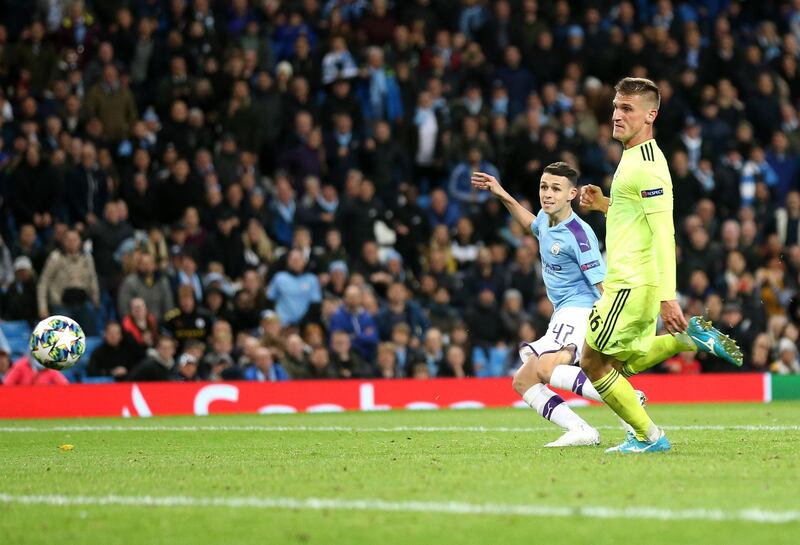 Manchester City midfielder Phil Foden scores the second goal against Dinamo Zagreb. Getty Images