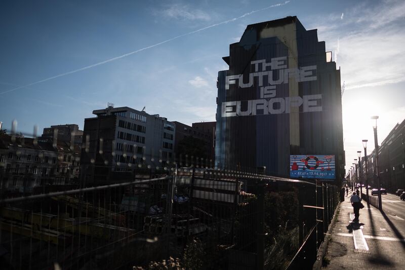 BRUSSELS, BELGIUM - JUNE 23:  Street art reading "The Future Is Europe" is seen on the side of building near to the European Council headquarters on June 23, 2017 in Brussels, Belgium.  (Photo by Leon Neal/Getty Images)