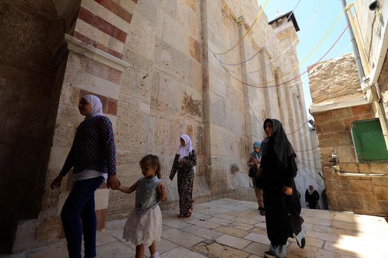 Palestinians at the at the Ibrahimi mosque, also known as the Tomb of the Patriarchs in the West Bank city of Hebron, on July 8, 2017. Al Hashlamoun / EPA