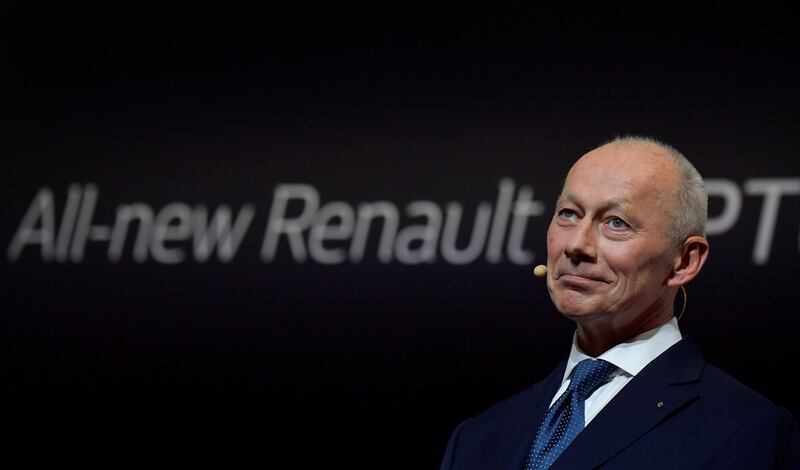 (FILES) In this file photo taken on September 10, 2019 CEO of French carmaker Renault Thierry Bollore smiles during a press day at the IAA Car Show in Frankfurt. Renault's new chairman will ask the French carmaker's board to find a successor to chief executive Thierry Bollore as the company still reels from the fallout of the Carlos Ghosn scandal. / AFP / Tobias SCHWARZ
