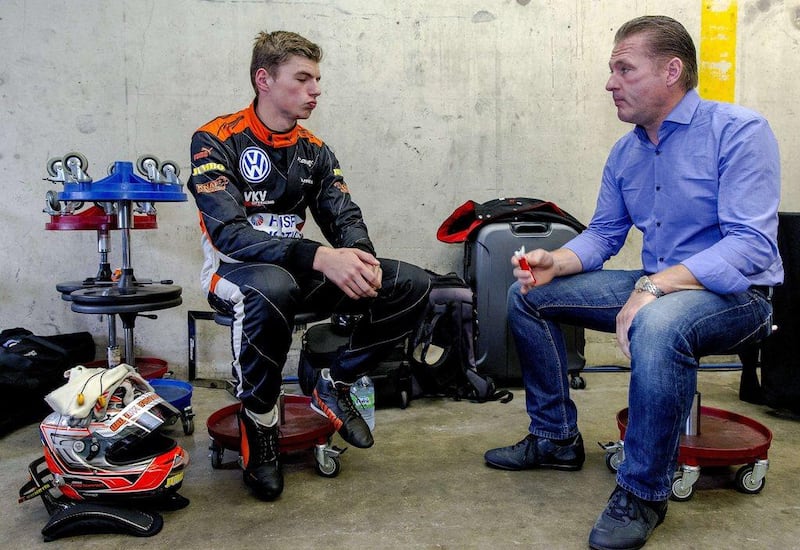 Max Verstappen, left, shown with his father, former F1 driver Jos Verstappen, before a Formula Three race in July. Sander Koning / AFP / ANP / July 6, 2014