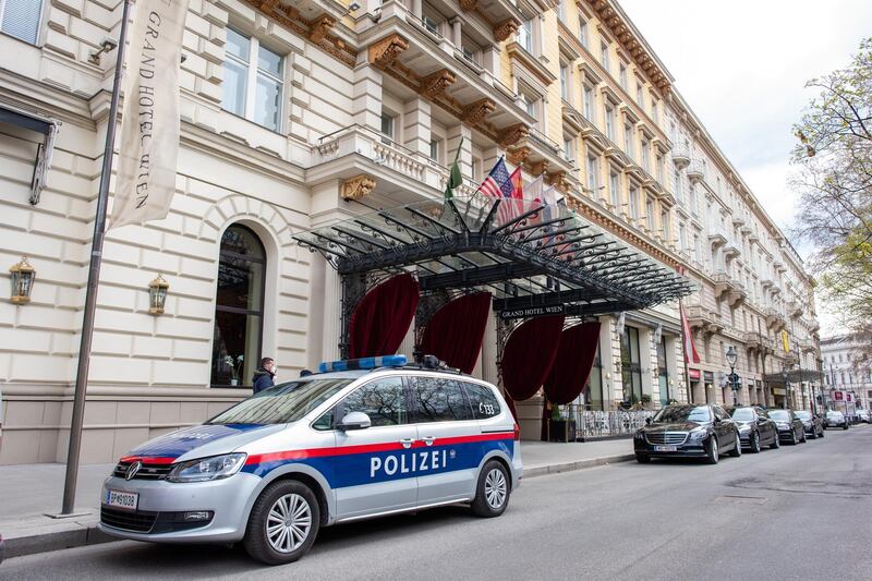 VIENNA, AUSTRIA - APRIL 06: Austrian police officers guard the Grand Hotel on the day the Iran nuclear talks are to resume there on April 06, 2021 in Vienna, Austria. Delegations from the United States, Iran, the European Union and other participants from the original Joint Comprehensive Plan of Action (JCPOA) are meeting over possibly reviving the plan. The JCPOA was the European-led initiative by which Iran agreed not to pursue a nuclear weapon in exchange for concessions, though the United States, under the administration of former U.S. President Donald Trump, abandoned the deal and intensified sanctions against Iran.  (Photo by Thomas Kronsteiner/Getty Images)