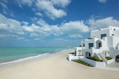Low-lying white buildings will house spacious accommodation at Anantara Santorini Abu Dhabi Retreat. Photo: Minor Hotels