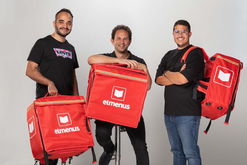 Amir Allam (center), chief executive of Egyptian-start-up elmenus. Egyptian food-delivery app elmenus grew rapidly during the Covid-19 pandemic as movement restrictions prompted more people to dine at home. Courtesy elmenus.