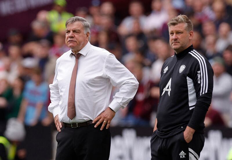 Leeds United manager Sam Allardyce and assistant manager Karl Robinson. Reuters