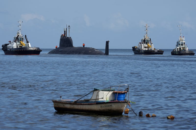 Russian nuclear-powered cruise missile submarine Kazan is escorted by tugs as it departs from Havana's bay, Cuba. Reuters