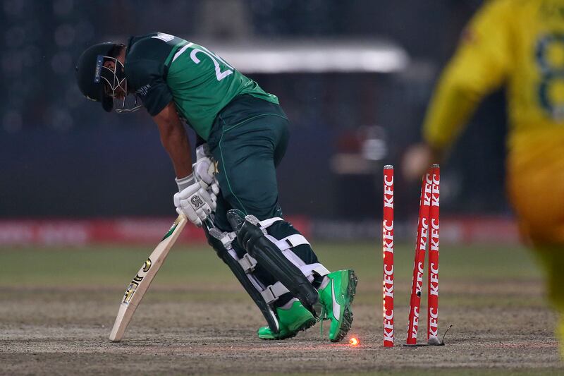 Pakistan's Imam-ul-Haq is bowled by Adam Zampa. AP 