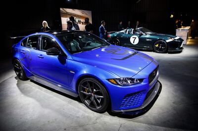 The Jaguar Land Rover Automotive Plc XE SV Project 8 vehicle is displayed during a reveal event in Los Angeles, California, U.S., on Tuesday, Nov. 28, 2017. During the Los Angeles Auto Show, Land Rover will show several new editions from its Special Vehicle Operations factory, including the Range Rover SVAutobiography and the 2018 Range Rover Sport SVR and plug-in hybrid. Photographer: Patrick T. Fallon/Bloomberg