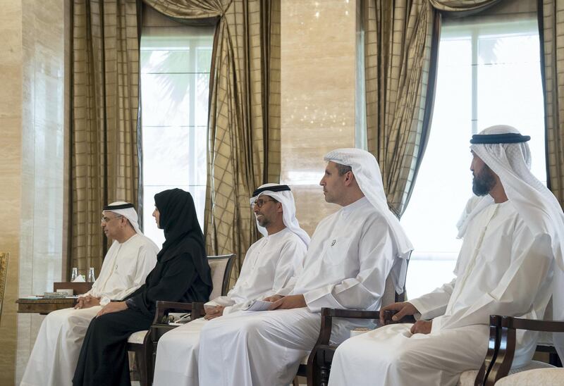 ABU DHABI, UNITED ARAB EMIRATES - April 23, 2019: (R-L) HE Mohamed Mubarak Al Mazrouei, Undersecretary of the Crown Prince Court of Abu Dhabi, HE Khaldoon Khalifa Al Mubarak, CEO and Managing Director Mubadala, Chairman of the Abu Dhabi Executive Affairs Authority and Abu Dhabi Executive Council Member, HE Suhail bin Mohamed Faraj Faris Al Mazrouei, UAE Minister of Energy, HE Reem Ibrahim Al Hashimi, UAE Minister of State for International Cooperation and HE Obaid Humaid Al Tayer, UAE Minister of State for Financial Affairs, attend a meeting with Salva Kiir, President of South Sudan at Al Shati Palace. 

( Mohamed Al Hammadi / Ministry of Presidential Affairs )
---