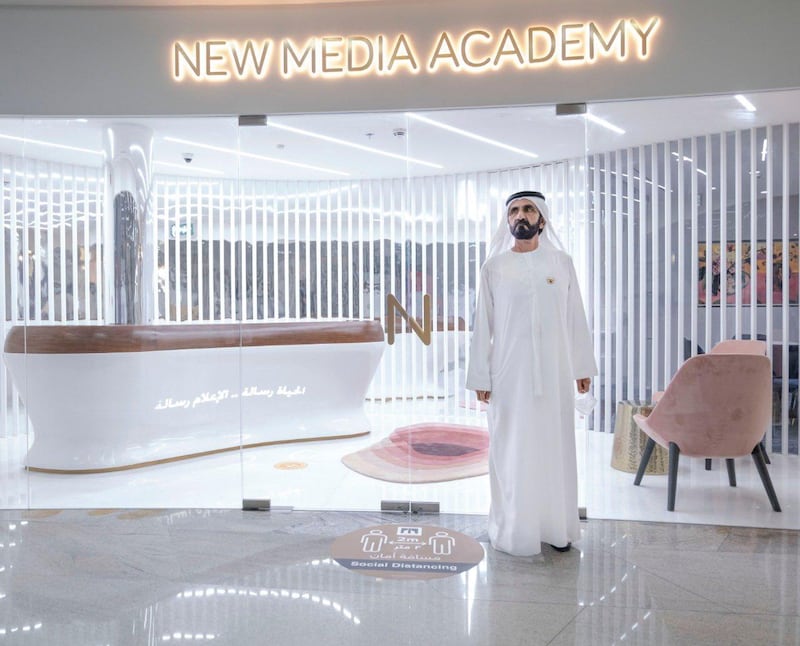 Sheikh Mohammed bin Rashid, Vice President and Ruler of Dubai, tours the New Media Academy in June. Courtesy: Dubai Media Office