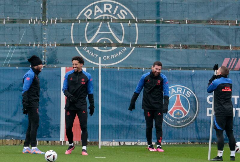 From left: Paris Saint-Germain's Neymar, Marquinhos, Lionel Messi and Marco Verratti attend a training session at Le Camp des Loges in Paris on Tuesday, January 10, 2023. AFP