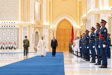 HH Sheikh Mohamed bin Zayed Al Nahyan, Crown Prince of Abu Dhabi and Deputy Supreme Commander of the UAE Armed Forces and HE Mustafa Al Kadhimi, Prime Minister of Iraq, inspect the UAE Armed Forces honour guard during a reception at the Presidential Palace. Ministry of Presidential Affairs
