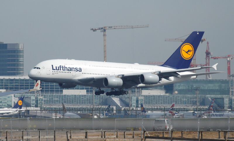 A Lufthansa Airbus A-380 aircraft lands at Frankfurt Airport in Frankfurt, Germany April 29, 2019.     REUTERS/Ralph Orlowski