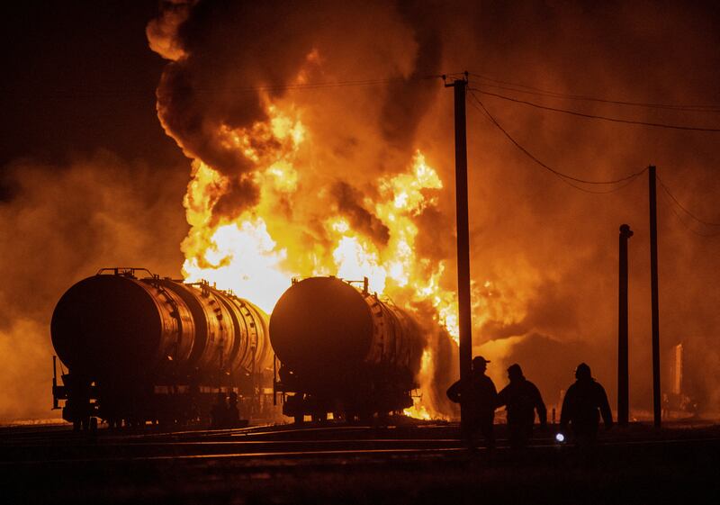 Tank cars on fire after Russian shelling at a railway junction in Donetsk, in Russian-annexed Ukraine. Reuters