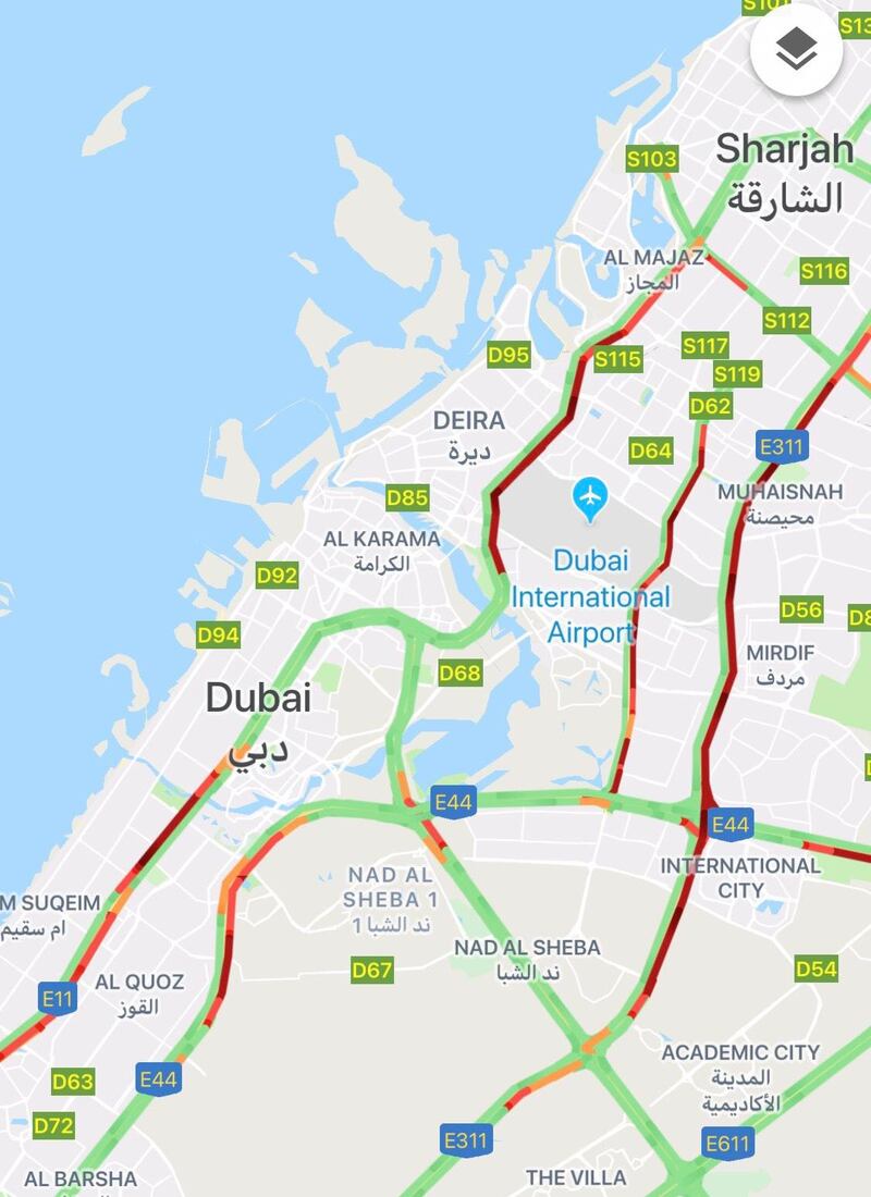 A screengrab from Google Maps at 4.40pm on Thursday showed heavy traffic across Dubai. 