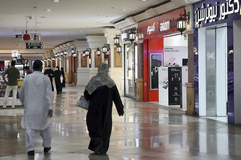 RAK, UNITED ARAB EMIRATES , May 28 – 2020 :- People wearing protective face mask as a preventive measure against the spread of coronavirus at the Al Naeem City Center in Ras Al Khaimah. UAE government lift the coronavirus restriction for the residents around the country. (Pawan Singh / The National) For News/Online/Stock/Instagram. 