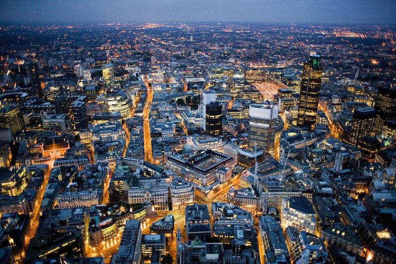 Aerial night view of the City of London on August 6, 2007 in London. Jason Hawkes / Getty Images 