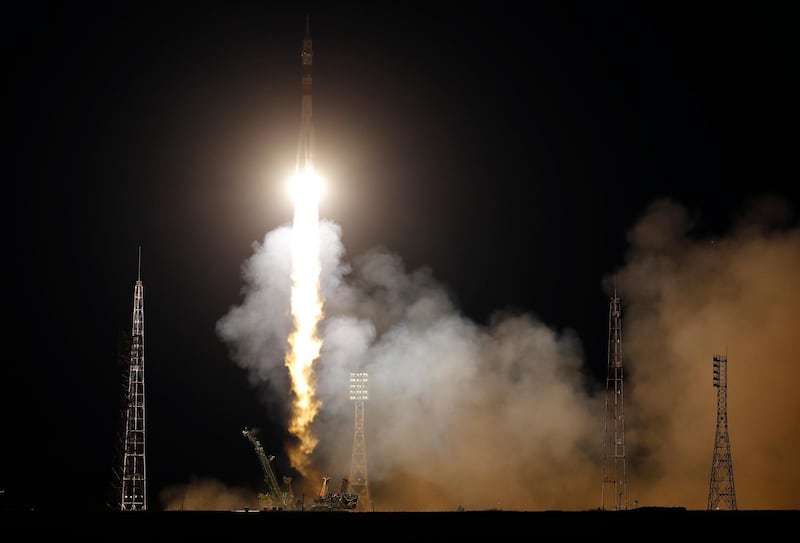 The Soyuz-FG rocket booster with Soyuz MS-15 space ship carrying a new crew to the International Space Station, ISS, blasts off at the Russian leased Baikonur cosmodrome, Kazakhsta. AP Photo
