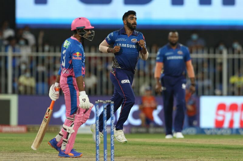 Jasprit Bumrah of Mumbai Indians celebrates the wicket of Shreyas Gopal. Sportzpics for IPL