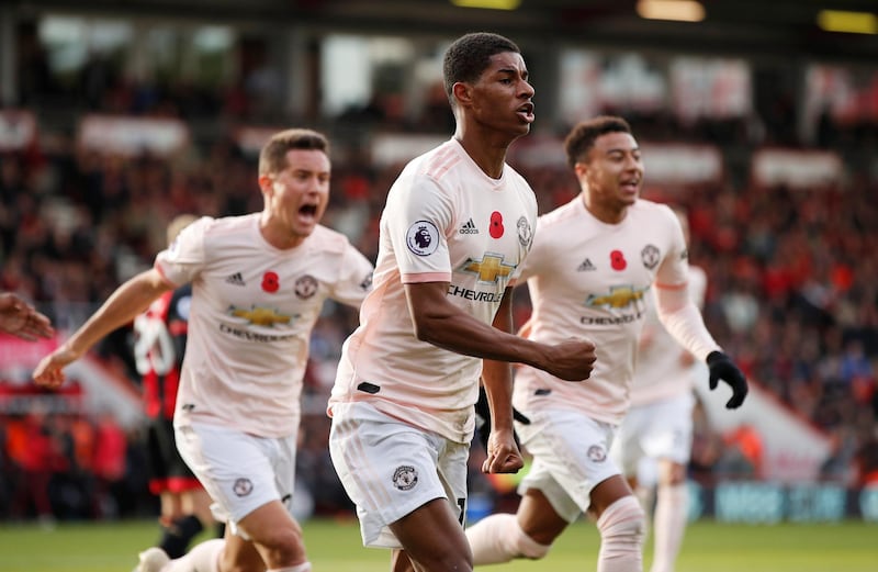 Soccer Football - Premier League - AFC Bournemouth v Manchester United - Vitality Stadium, Bournemouth, Britain - November 3, 2018  Manchester United's Marcus Rashford celebrates scoring their second goal with Jesse Lingard and Ander Herrera             Action Images via Reuters/John Sibley  EDITORIAL USE ONLY. No use with unauthorized audio, video, data, fixture lists, club/league logos or "live" services. Online in-match use limited to 75 images, no video emulation. No use in betting, games or single club/league/player publications.  Please contact your account representative for further details.