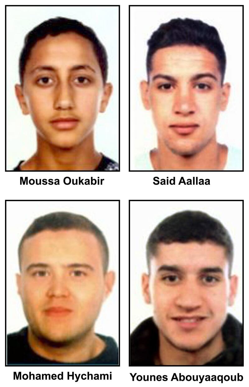 epa06150154 A handout composite photo made available by the Spanish Police on 18 August 2017 shows (L-R, up down) Moussa Oukabir, the suspected driver, as well as Said Aallaa, Mohamed Hychami and Younes Abauyaaqoub, who are suspects wanted in connection with the 17 August  terrorist attacks in the Catalonian cities of Barcelona and Cambrils. According to media reports, at least 14 people were killed and some 130 others injured after cars crashed into pedestrians on the Las Ramblas boulevard in Barcelona and on a promenade in the coastal city of Cambrils. Spanish police have stated that the attacks in Barcelona and in Cambrils were linked. The so-called 'Islamic State' (IS) has claimed responsibility for the attack in Barcelona.  EPA/Spanish Police HO HANDOUT  HANDOUT EDITORIAL USE ONLY/NO SALES