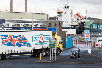 A lorry arrives at the port of Larne in County Antrim, where a customs post was established as part of the Northern Ireland Protocol. AFP