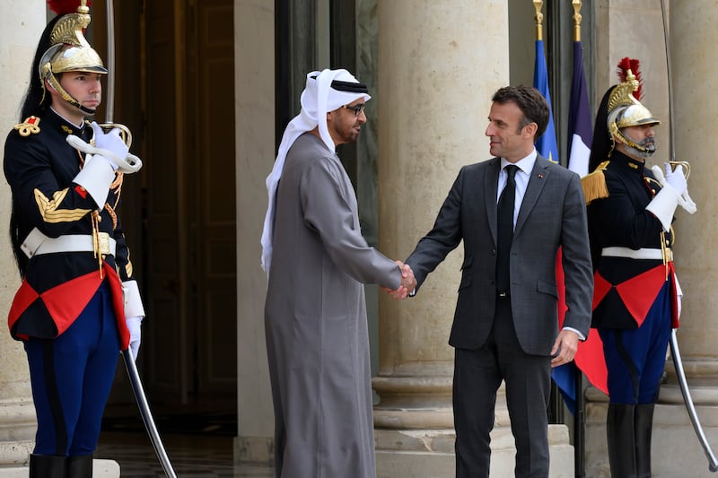 Mr Macron welcomes Sheikh Mohamed to the Elysee Palace