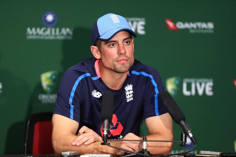 BRISBANE, AUSTRALIA - NOVEMBER 21:  Alastair Cook speaks to media during an England team press conference at The Gabba on November 21, 2017 in Brisbane, Australia.  (Photo by Chris Hyde/Getty Images)
