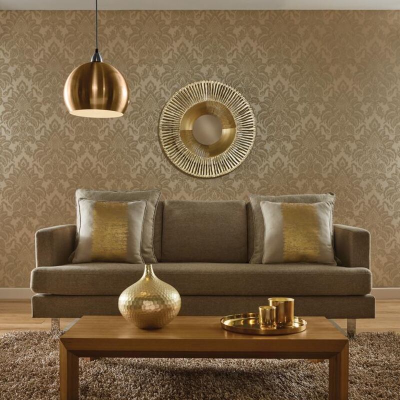 Glisten Gold Damask wallpaper and metallic accents. Courtesy Arthouse