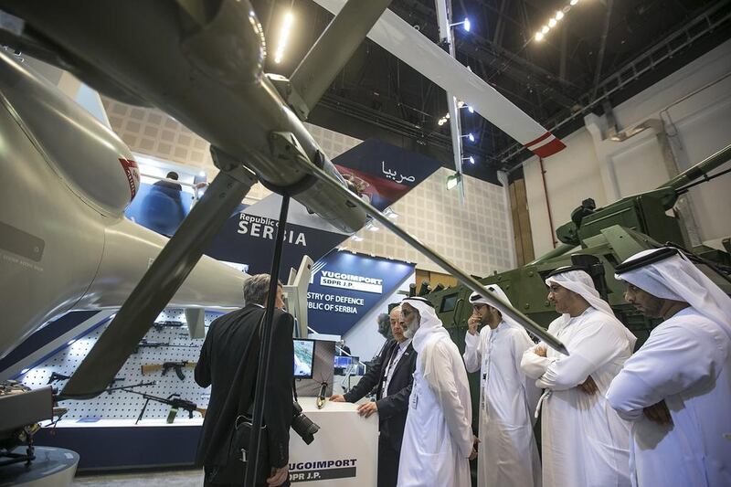 Serbia’s booth at Idex. In the background is the country’s Milosh BOV M16 combat vehicle, which it unveiled at the exhibition. Mona Al Marzooqi / The National