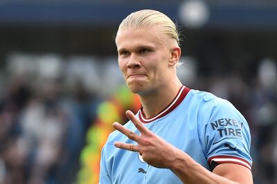 Manchester City striker Erling Haaland after scoring a hat-trick against Manchester United. EPA