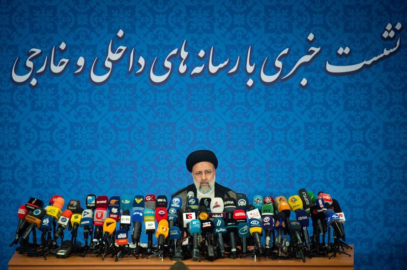 Ebrahim Raisi, Iran's president, holds his first news conference following his victory in the presidential election in Tehran, Iran, on Monday, June 21, 2021. World powers and Iran failed after a sixth round of negotiations in Vienna to revive a nuclear deal that would lift U.S. sanctions on the oil-rich Islamic Republic in exchange for it scaling back its atomic activities. Photographer: Ali Mohammadi/Bloomberg