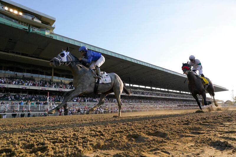 Jockey Luis Saez guides Godolphin's Essential Quality to victory in the Belmont Stakes at Belmont Park in New York, on Saturday, June 5, 2021. AP