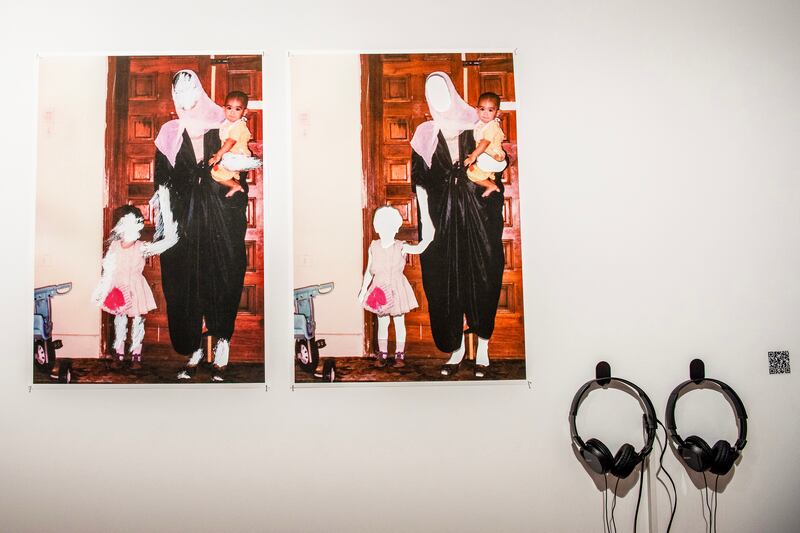 Artist Khaled El Demerdash's Semsem's White repeated photographs from the artist's family archive, featuring cutouts and markings on his mother's face and hands