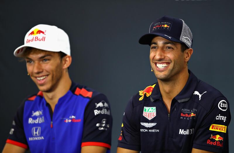 SPA, BELGIUM - AUGUST 23:  Daniel Ricciardo of Australia and Red Bull Racing and Pierre Gasly of France and Scuderia Toro Rosso in the Drivers Press Conference during previews ahead of the Formula One Grand Prix of Belgium at Circuit de Spa-Francorchamps on August 23, 2018 in Spa, Belgium.  (Photo by Mark Thompson/Getty Images)